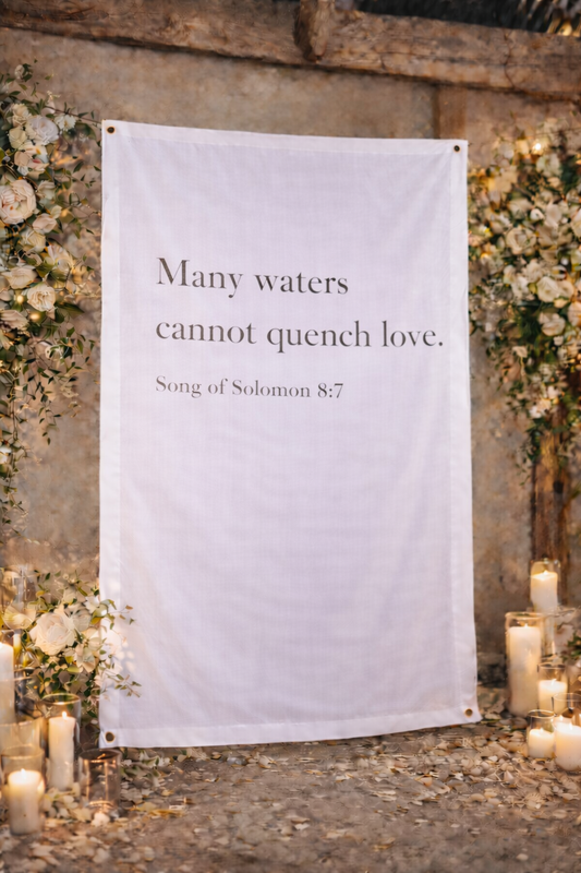 Personalized Wedding Backdrop for Wedding Photography, 'Many waters cannot quench love.' Backdrop