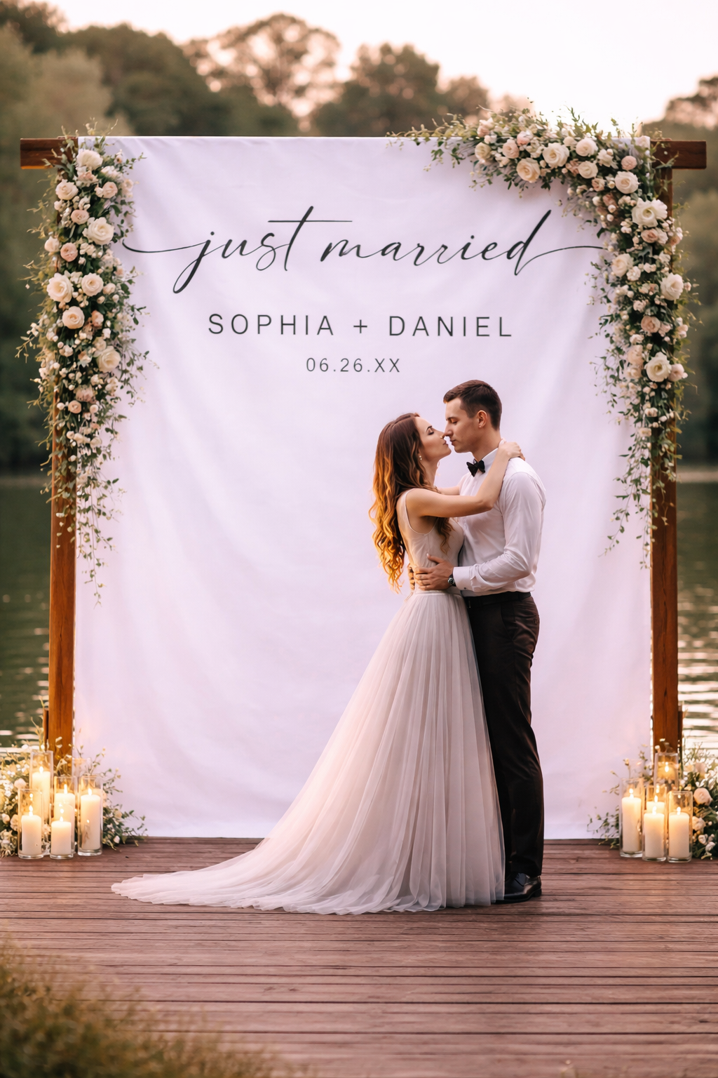 Minimal Just Married Script Wedding Decor Backdrop, Modern Minimalist Backdrop Tapestry Outdoor Wedding