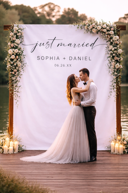 Minimal Just Married Script Wedding Decor Backdrop, Modern Minimalist Backdrop Tapestry Outdoor Wedding