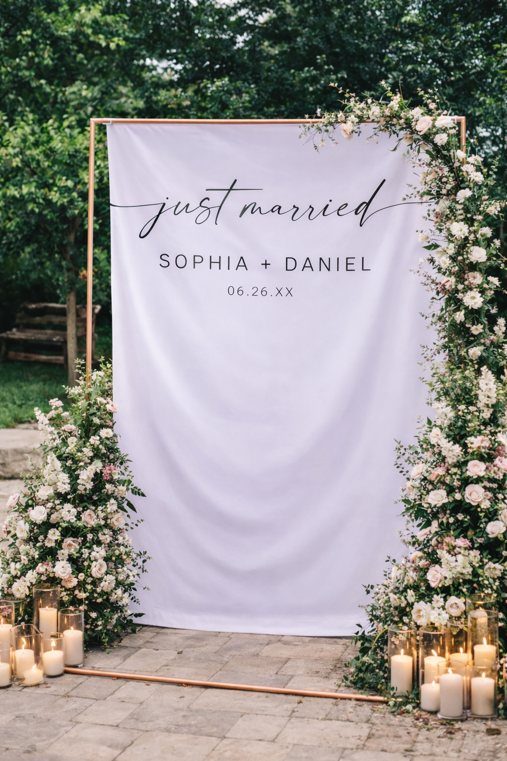 Minimal Just Married Script Wedding Decor Backdrop, Modern Minimalist Backdrop Tapestry Outdoor Wedding