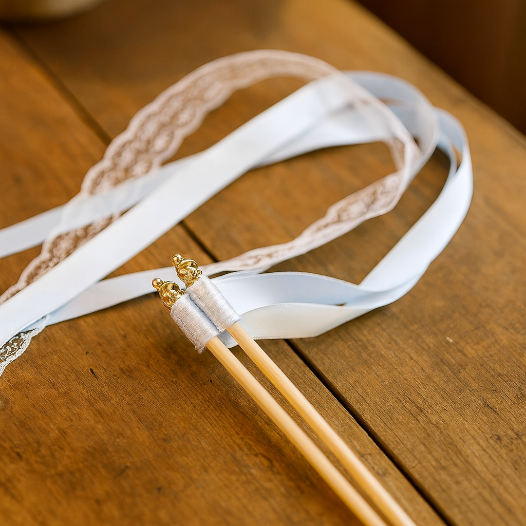 Handmade Minimal White Satin and Lace Ribbon Wands with Gold Bells for Wedding Send-Off