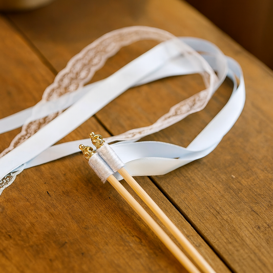 Handmade Minimal White Satin and Lace Ribbon Wands with Gold Bells for Wedding Send-Off
