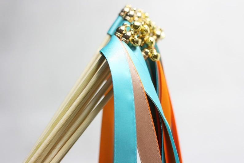 Misty Turquoise Wedding Wands with Triple Ribbon and Bell, Wand Streamers, Ribbon Sticks - If you say i do