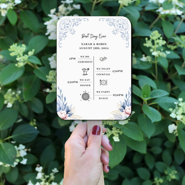Modern Blue and White Wedding Program Fans with Patterns and Flowers - Hibrides