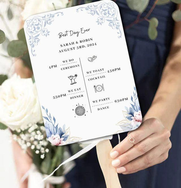 Modern Blue and White Wedding Program Fans with Patterns and Flowers - Hibrides