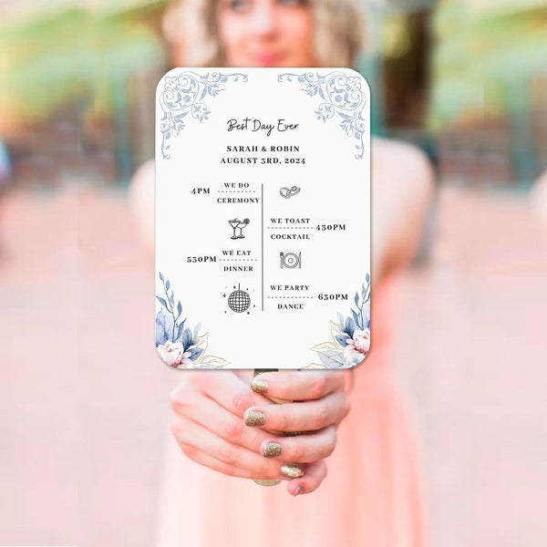 Modern Blue and White Wedding Program Fans with Patterns and Flowers - Hibrides