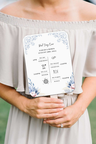 Modern Blue and White Wedding Program Fans with Patterns and Flowers - Hibrides