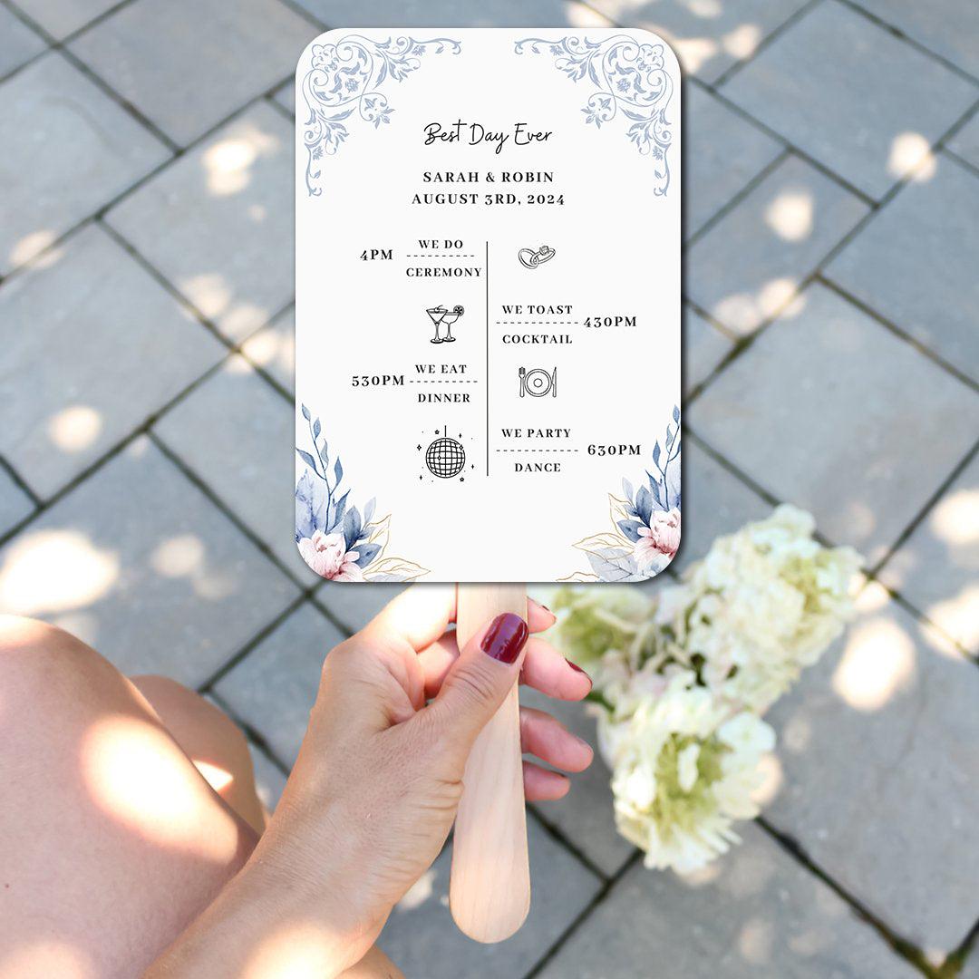 Modern Blue and White Wedding Program Fans with Patterns and Flowers - Hibrides