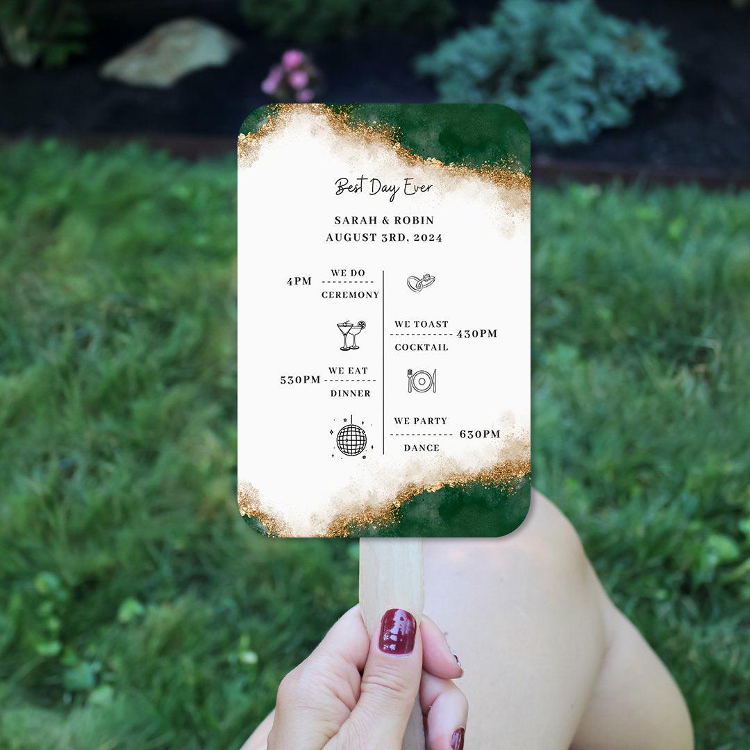 Modern Green and Gold Wedding Program fans with Timeline - Hibrides