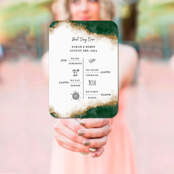 Modern Green and Gold Wedding Program fans with Timeline - Hibrides