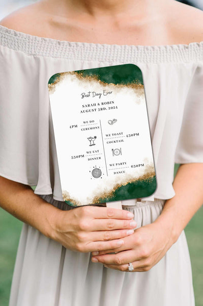 Modern Green and Gold Wedding Program fans with Timeline - Hibrides