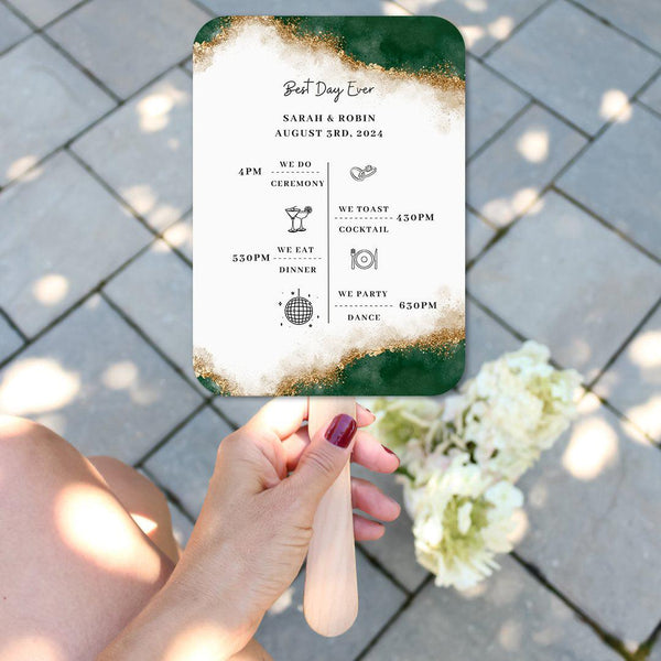 Modern Green and Gold Wedding Program fans with Timeline - Hibrides