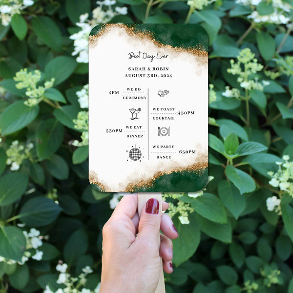 Modern Green and Gold Wedding Program fans with Timeline - Hibrides