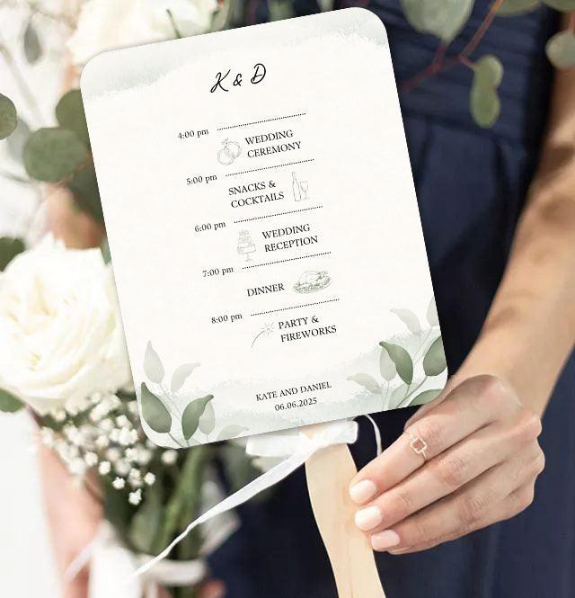 Modern Greenery Wedding Itinerary Fans For Outdoor Spring Weddings - Hibrides