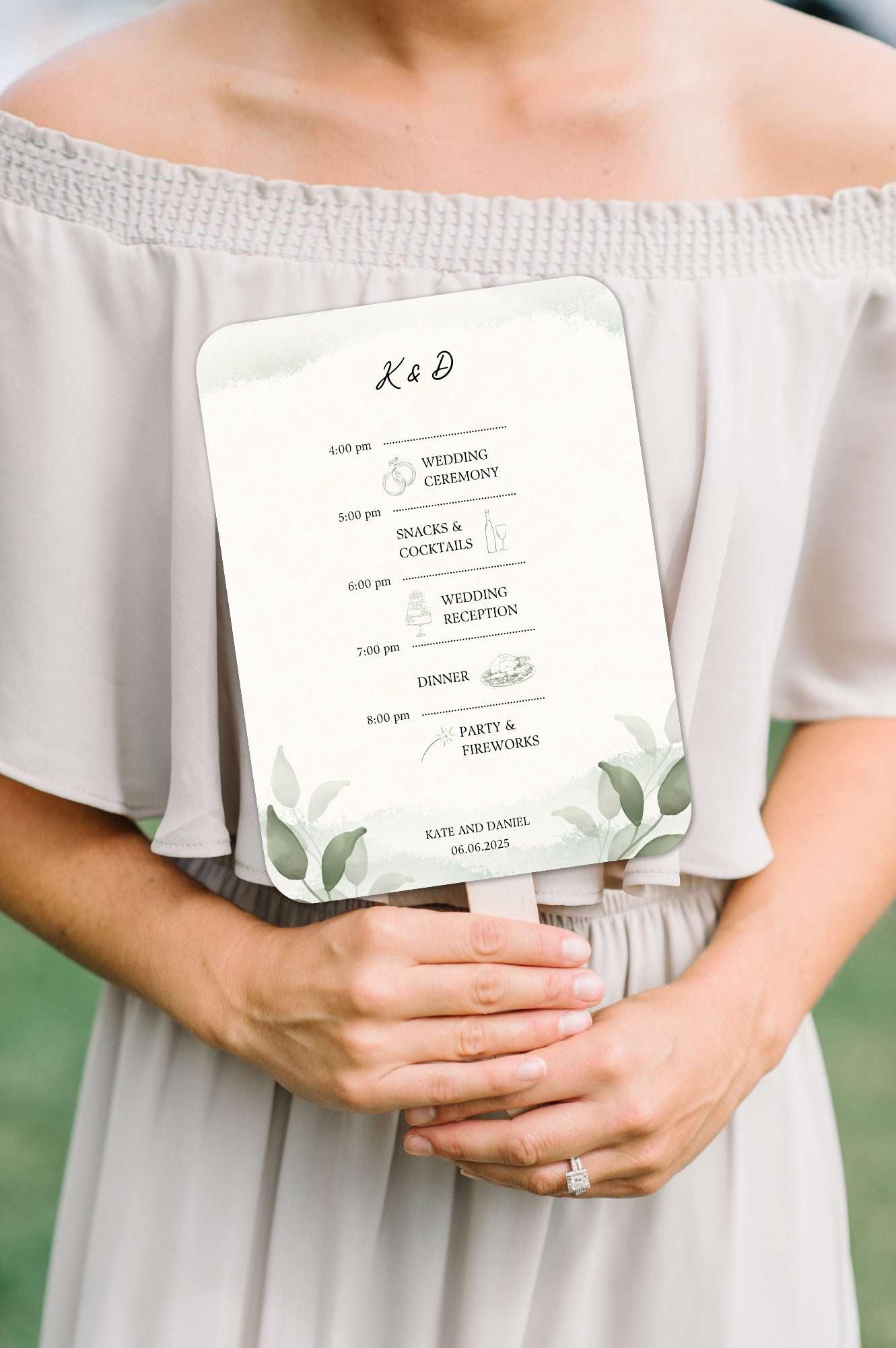 Modern Greenery Wedding Itinerary Fans For Outdoor Spring Weddings - Hibrides