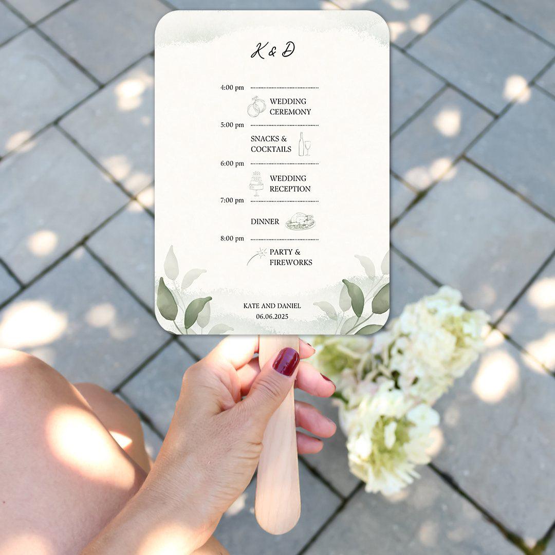 Modern Greenery Wedding Itinerary Fans For Outdoor Spring Weddings - Hibrides