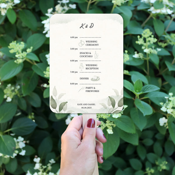 Modern Greenery Wedding Itinerary Fans For Outdoor Spring Weddings - Hibrides