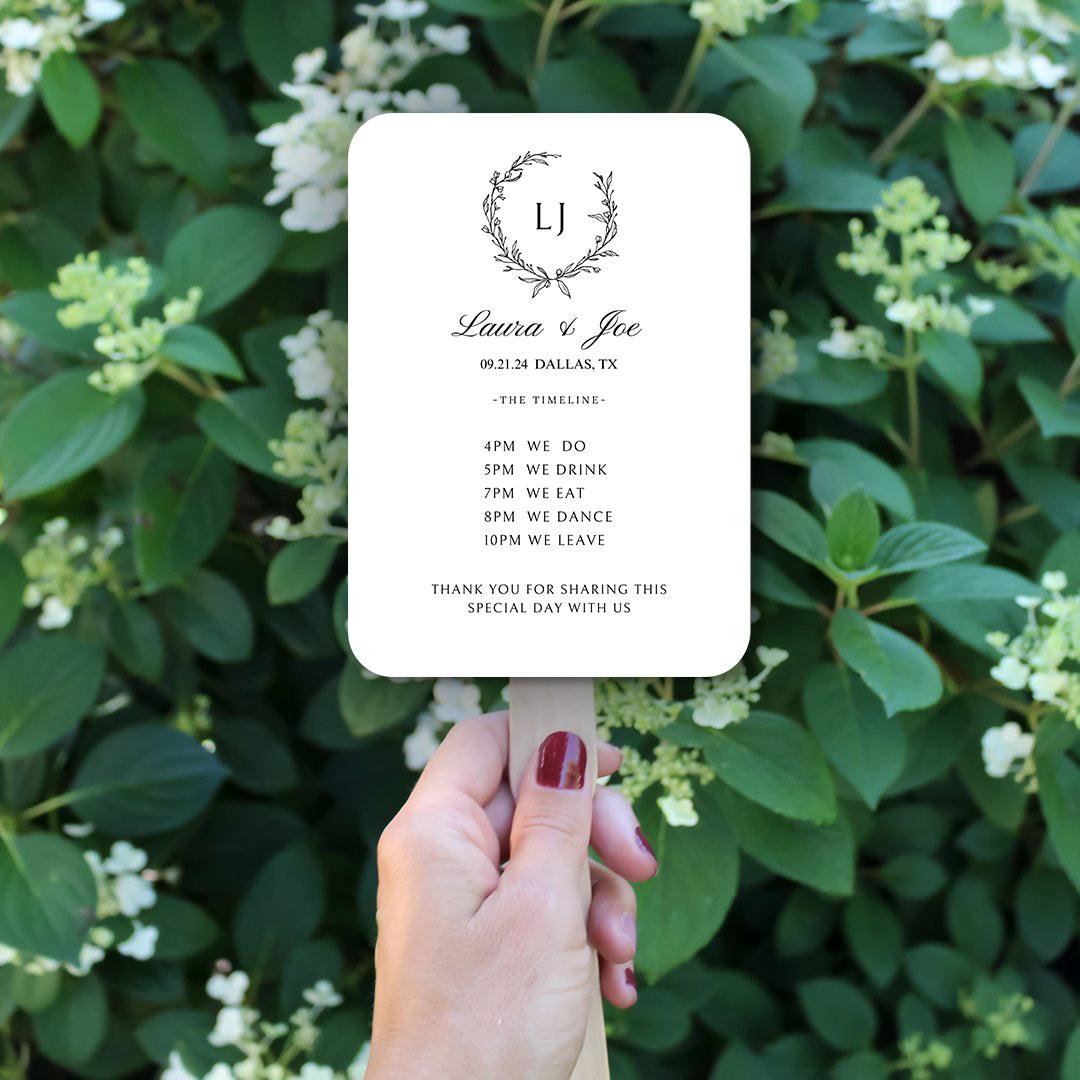 Modern Minimalist Black and White Wedding Program Fans for Outdoor Weddings - Hibrides