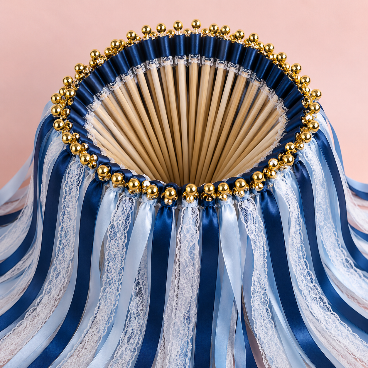 Handmade Classic Navy Blue and White Lace Ribbon Wands with Gold Bells for Wedding Send-Off