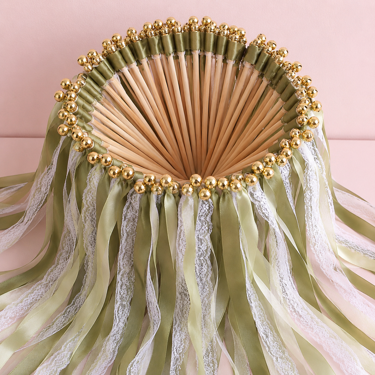 Handmade Vintage Olive Green Lace Ribbon Wands with Gold Bells for Garden Wedding Send-Off