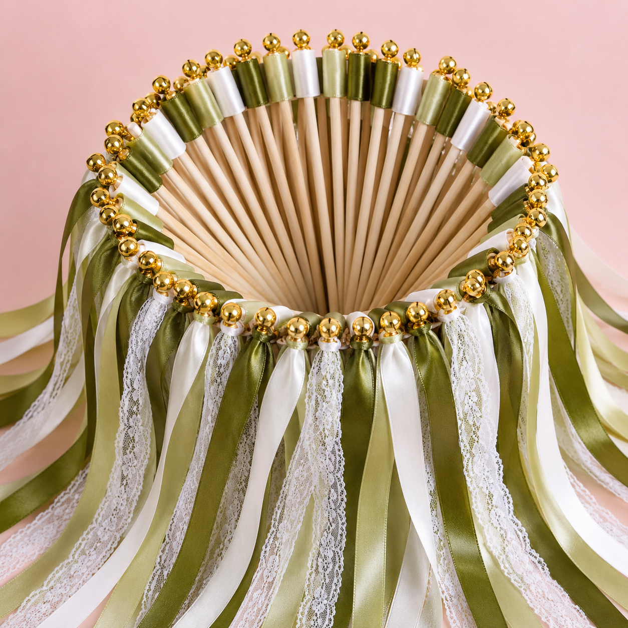 Handmade Elegant Olive Green and White Wedding Ribbon Wands with Gold Bells