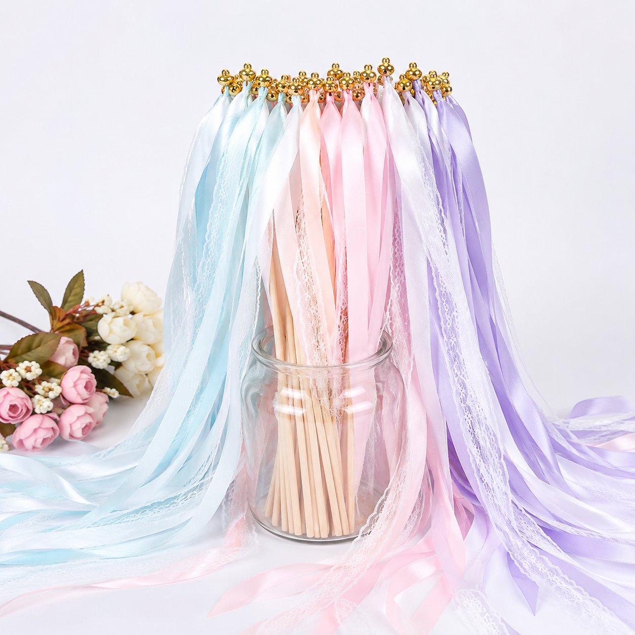 Handmade Dreamy Pastel Lace Ribbon Wands with Gold Bells for Wedding Send-Off