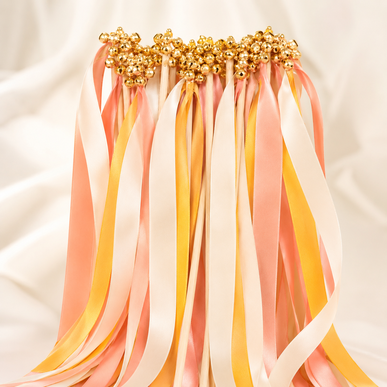 Handmade Sunset Peach Ribbon Wands with Gold Bells for Summer Wedding Send-Off