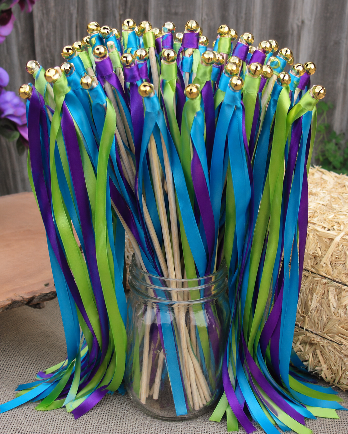 Handmade Peacock Blue Green and Purple Ribbon Wands with Gold Bells for Wedding & Party Send-Off