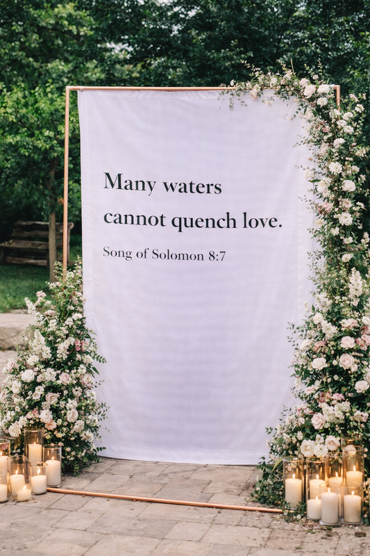 Personalized Wedding Backdrop for Wedding Photography, 'Many waters cannot quench love.' Backdrop