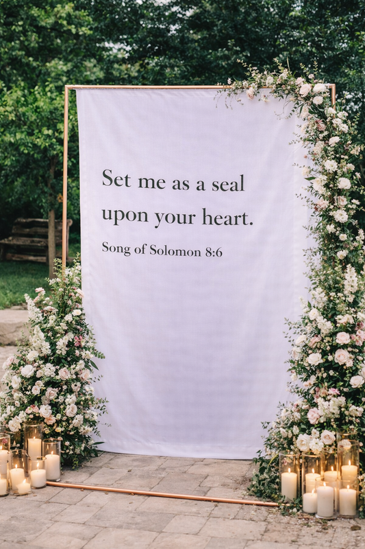 Decorative setup with floral arch, candles, and a text banner in a garden setting.