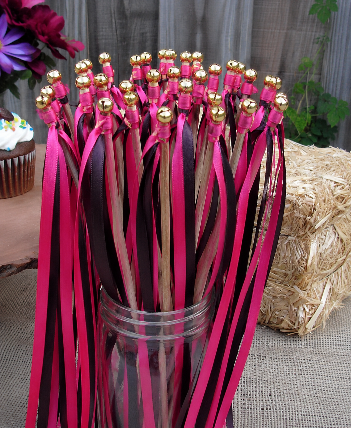 Handmade Pink Black Ribbon Wands with Gold Bells for Wedding & Party Send-Off