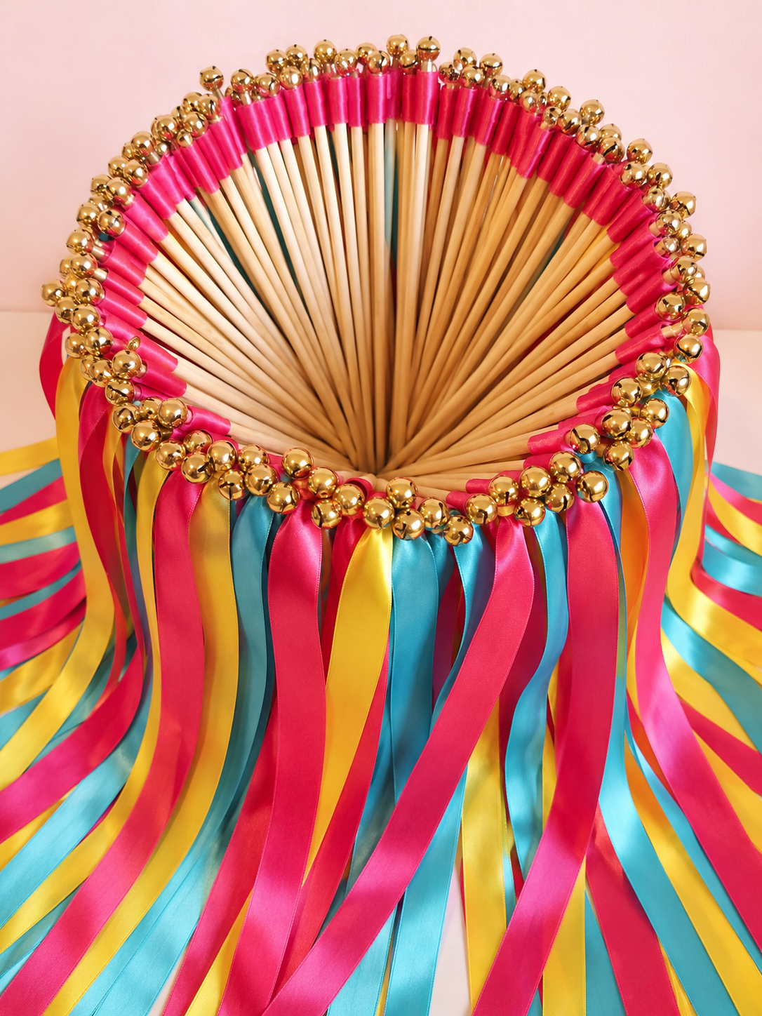 Handmade Bold Fiesta Color Ribbon Wands with Gold Bells for Wedding & Party Send-Off