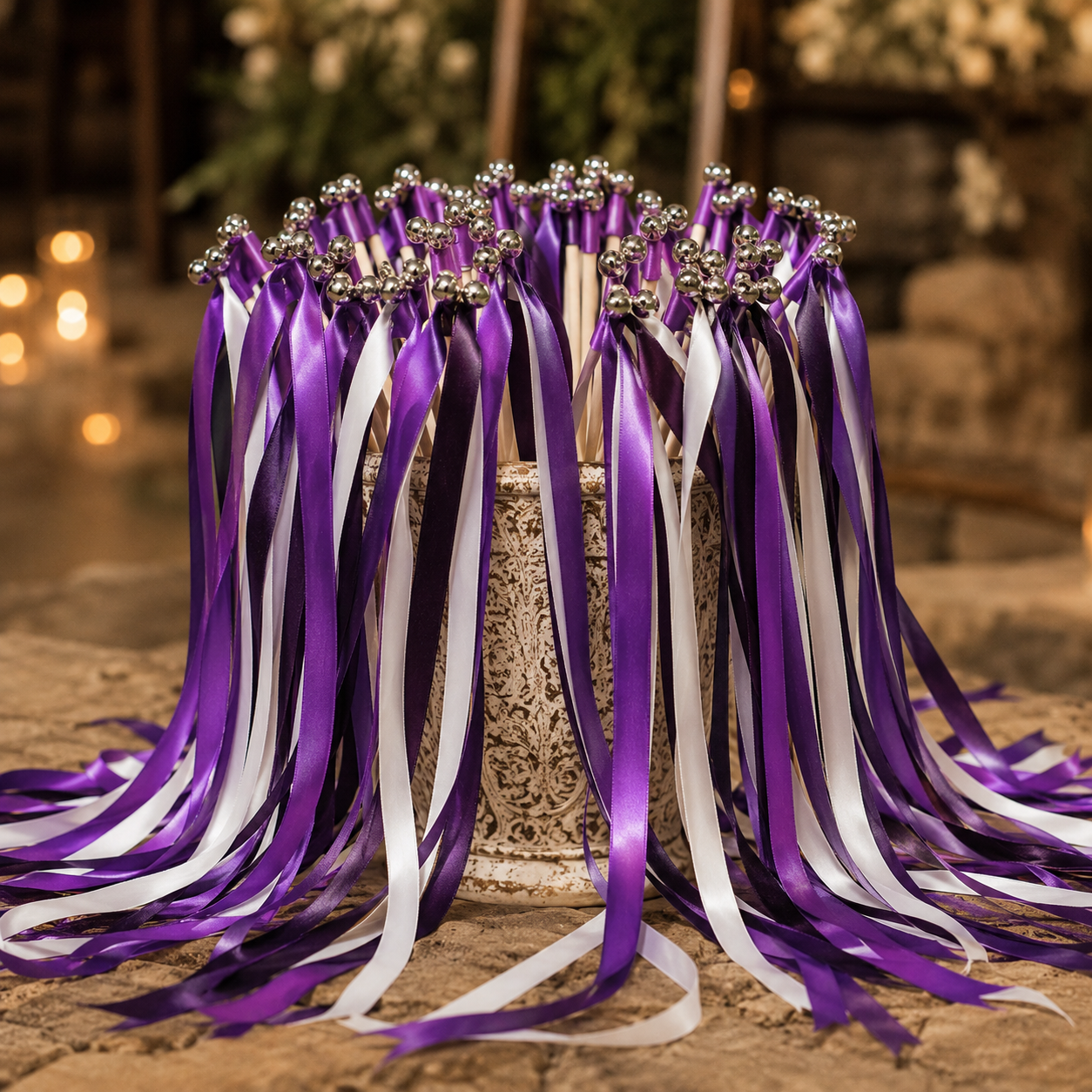 Handmade Purple Ribbon Wands with Silver Bells for Wedding & Party Send-Off