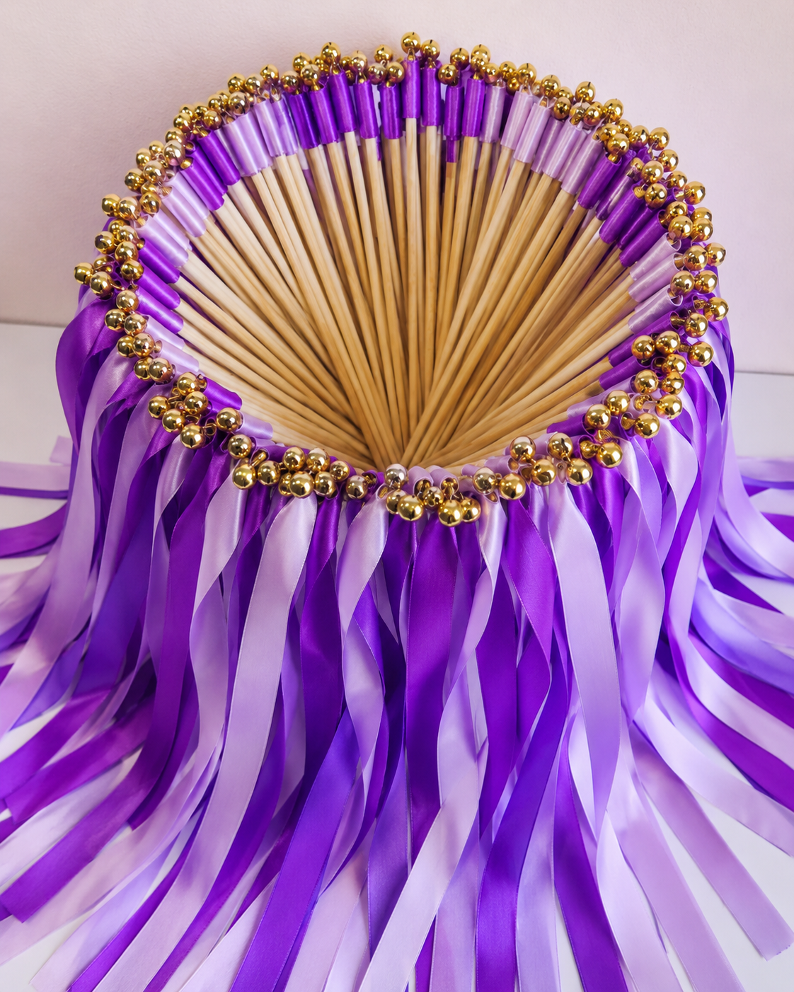 Handmade Luxury Purple Ribbon Wands with Gold Bells for Fairytale Wedding Send-Off