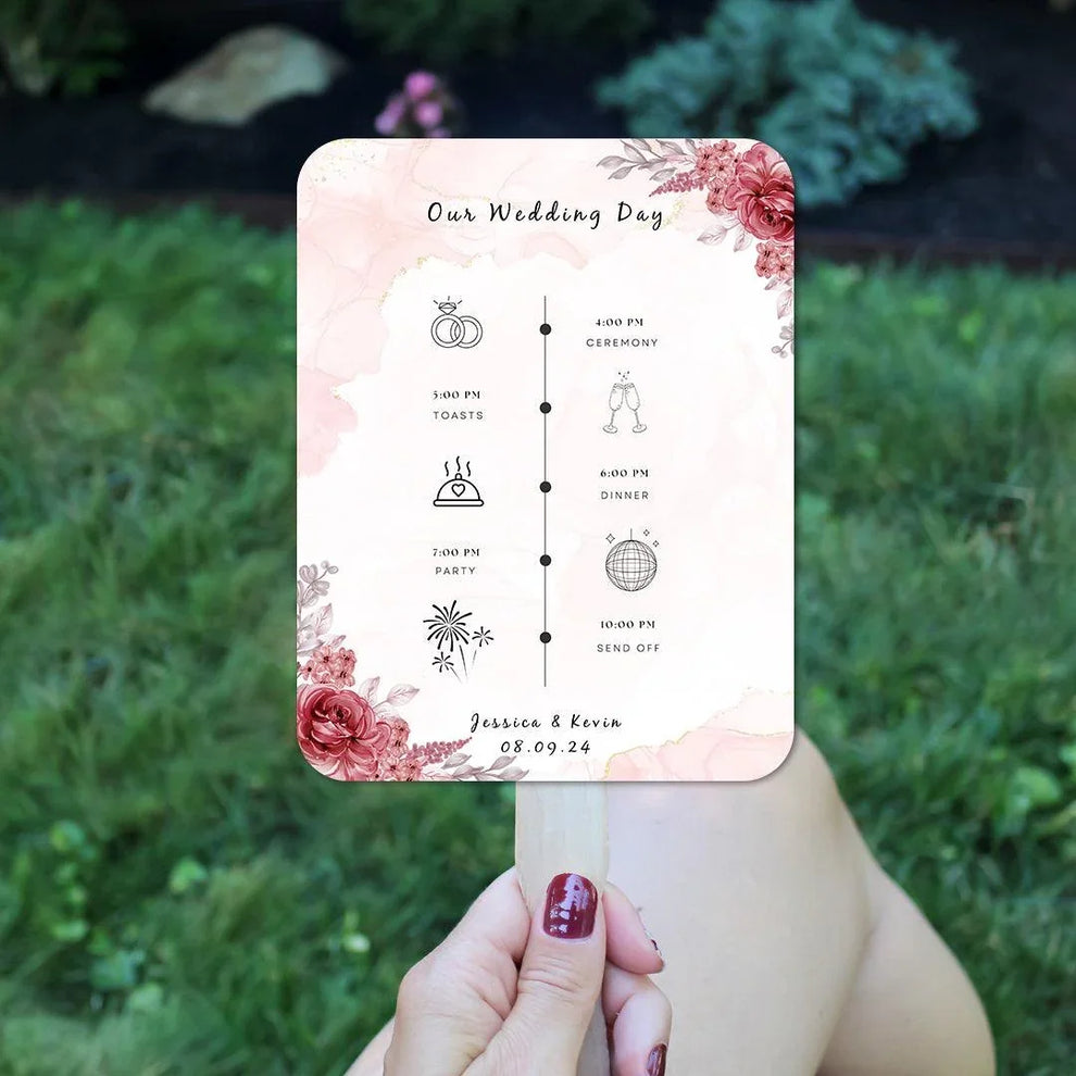 Red Wild Flower Wedding Program Fans with Detailed Timeline – Hibrides