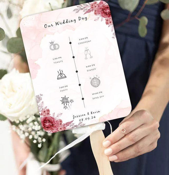 Red Wild Flower Wedding Program Fans with Detailed Timeline - Hibrides