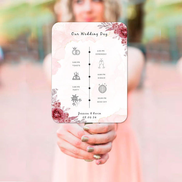 Red Wild Flower Wedding Program Fans with Detailed Timeline - Hibrides