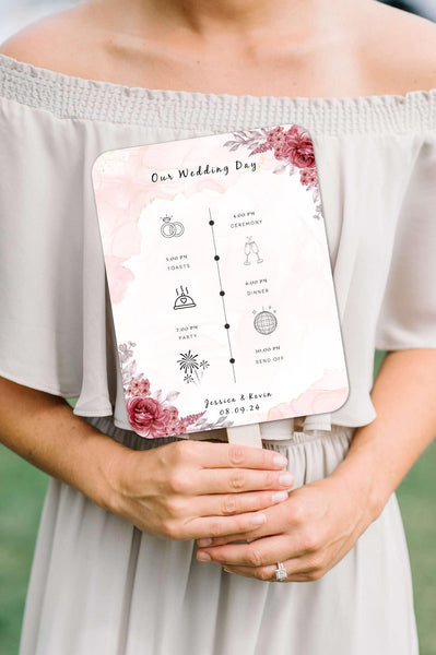 Red Wild Flower Wedding Program Fans with Detailed Timeline - Hibrides