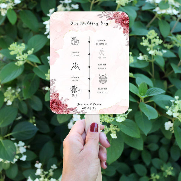 Red Wild Flower Wedding Program Fans with Detailed Timeline - Hibrides