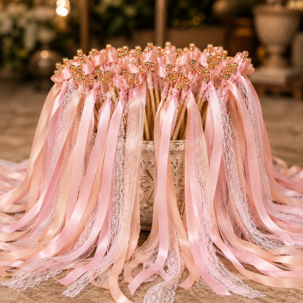 Handmade Romantic Blush Pink Lace Ribbon Wands with Gold Bells for Wedding Send-Off