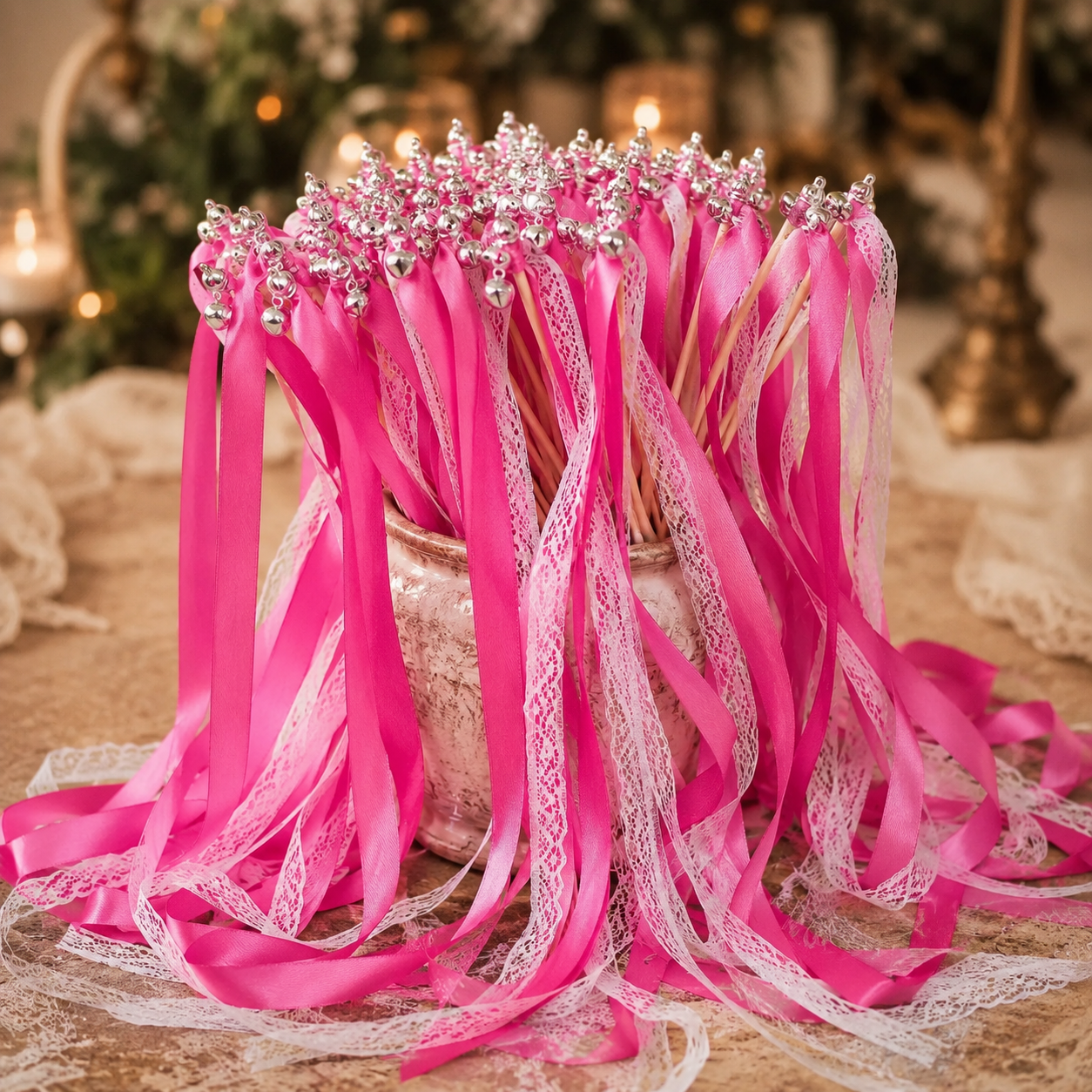 Handmade Romantic Hot Pink Lace Ribbon Wands with Silver Bells for Wedding Send-Off