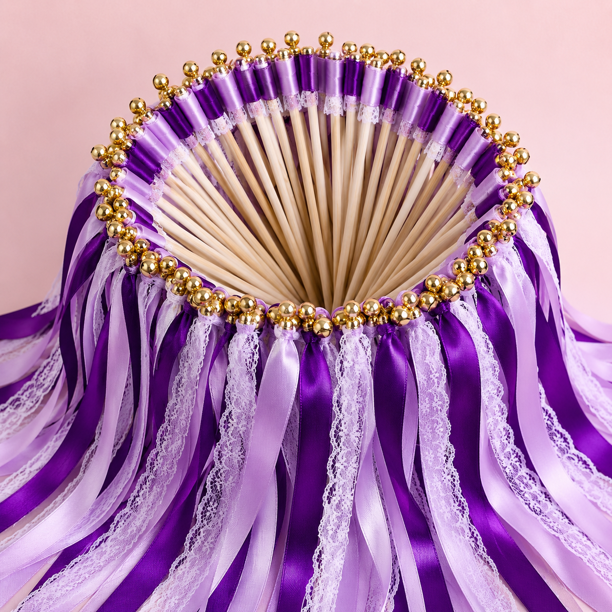 Handmade Romantic Purple Lace Ribbon Wands with Gold Bells for Wedding Send-Off