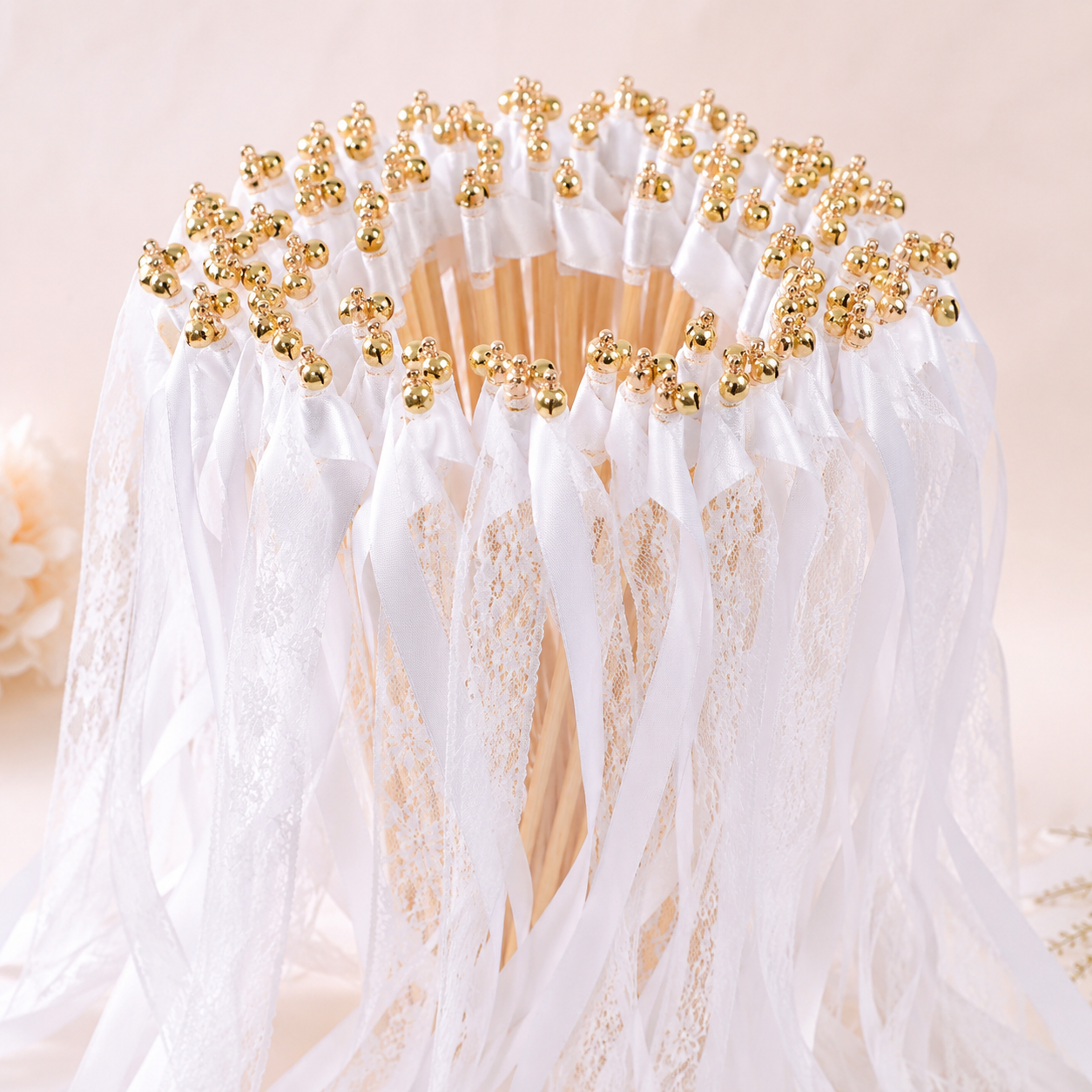 Handmade Romantic White Lace Ribbon Wands with Gold Bells for Wedding Send-Off