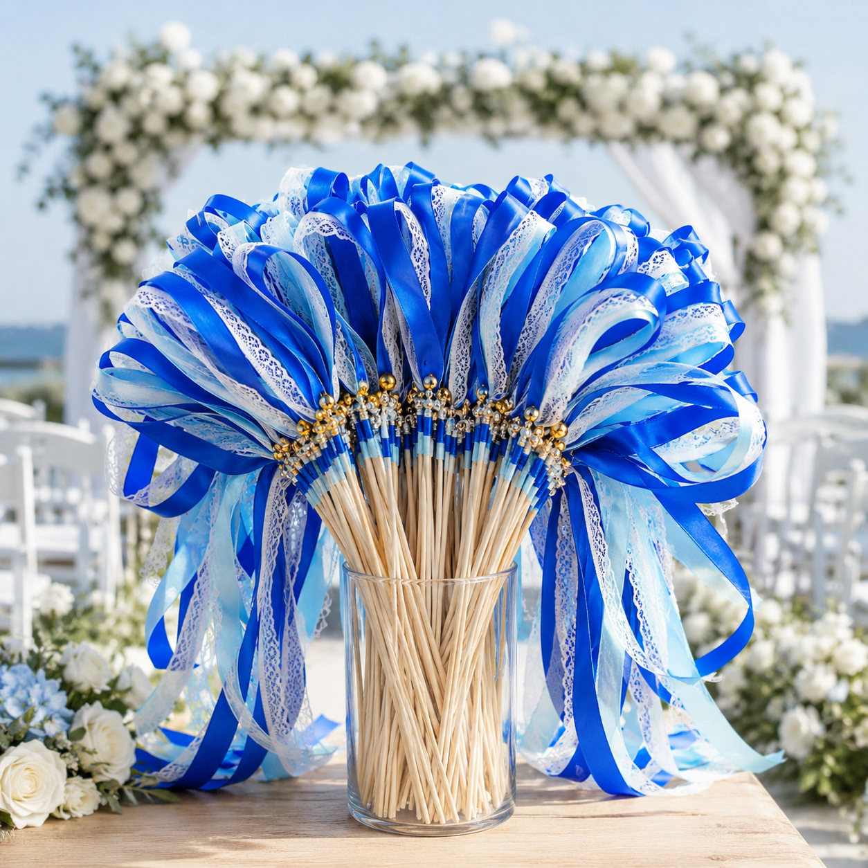 Handmade Royal Blue and Aqua Lace Wedding Ribbon Wands with Gold Bells