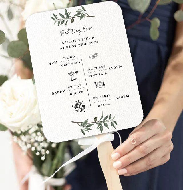 Simple Black and White Wedding Program Fans with Greenery - Hibrides