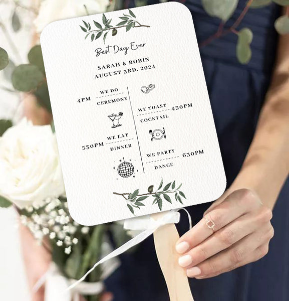 Simple Black and White Wedding Program Fans with Greenery - Hibrides