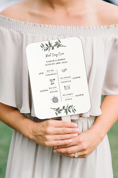 Simple Black and White Wedding Program Fans with Greenery - Hibrides