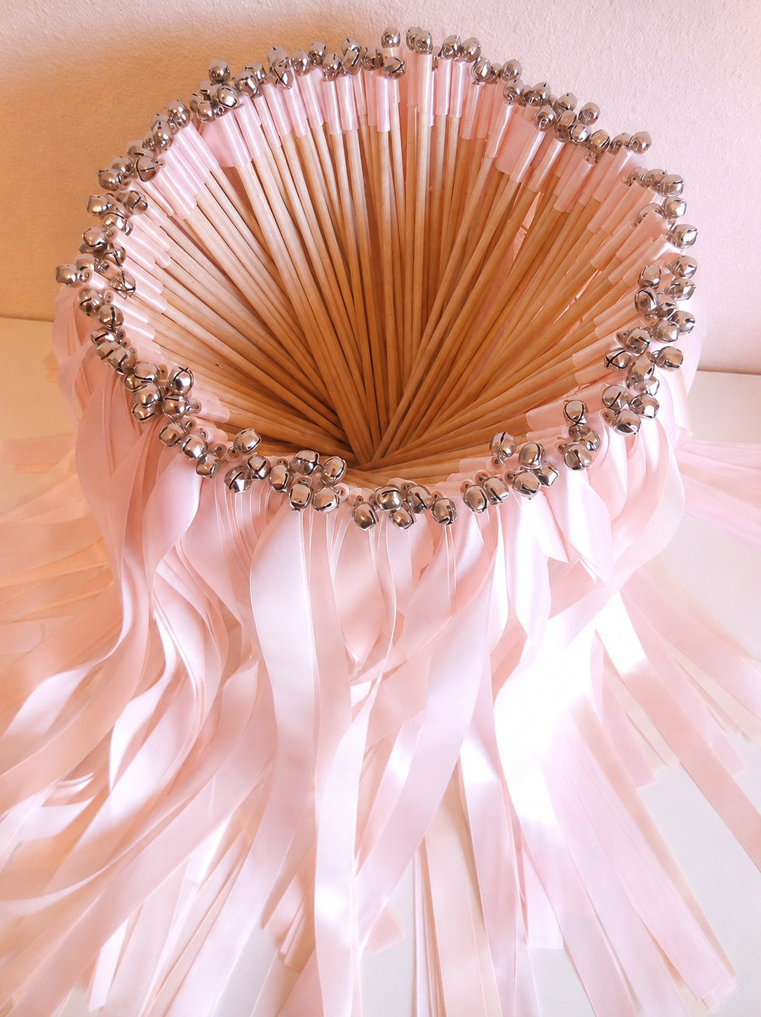 Handmade Soft Blush Pink Ribbon Wands with Silver Bells for Romantic Wedding Send-Off