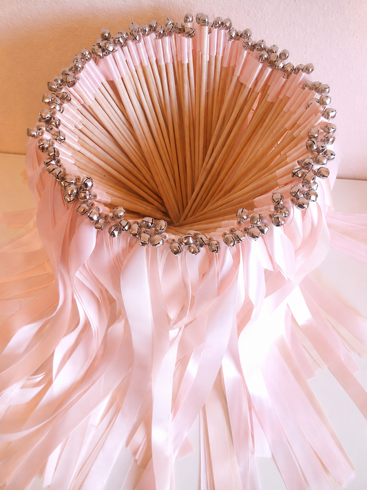 Handmade Soft Blush Pink Ribbon Wands with Silver Bells for Romantic Wedding Send-Off