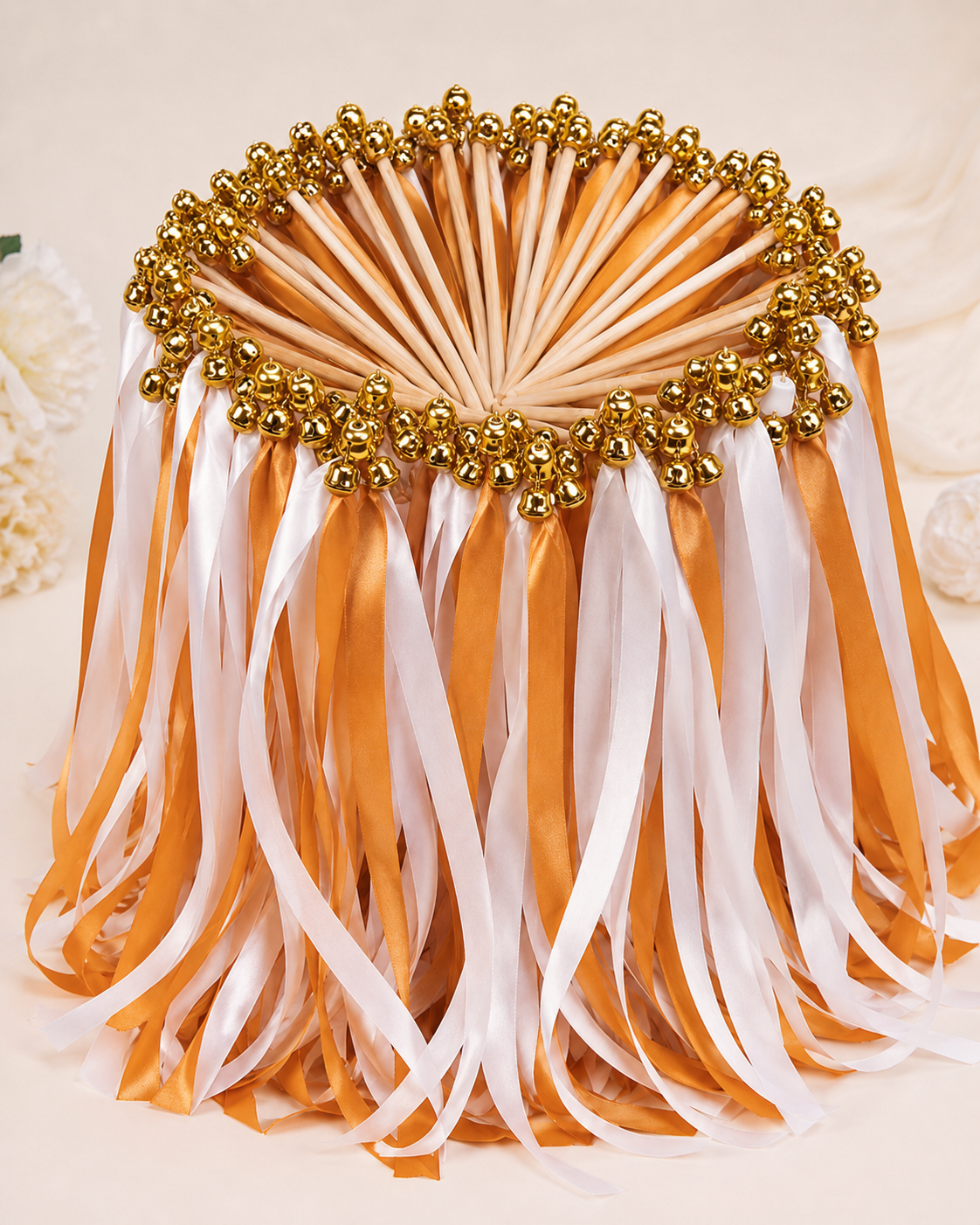 Handmade Luxury Burnt Orange Ribbon Wands with Gold Bells for Fall Wedding Send-Off